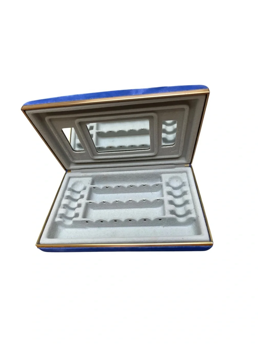 Vintage Blue Jewelry Box Triple Mirror Ring Holder Vanity Case Gold Trim